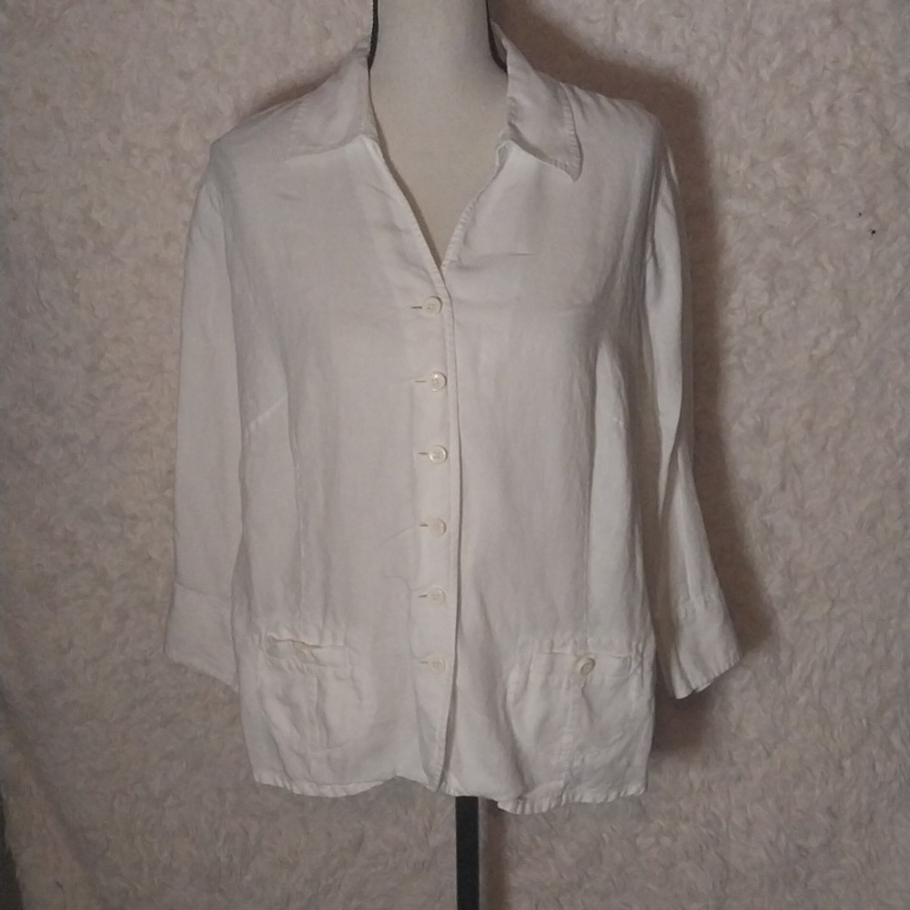 Talbots Woman White Linen Top Button Up Shirt Size 12W Irish 3/4 Sleeve Collar B